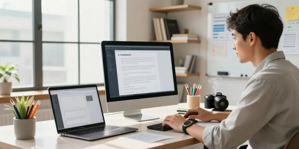 AI copywriting for ecommerce businesses in a modern workspace with focused content strategist.