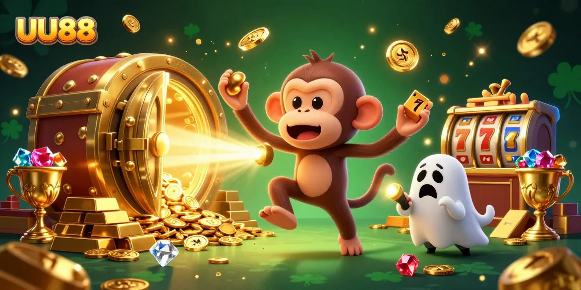 Experience the allure of UU88 with a mischievous monkey juggling gold in a haunted casino scene.