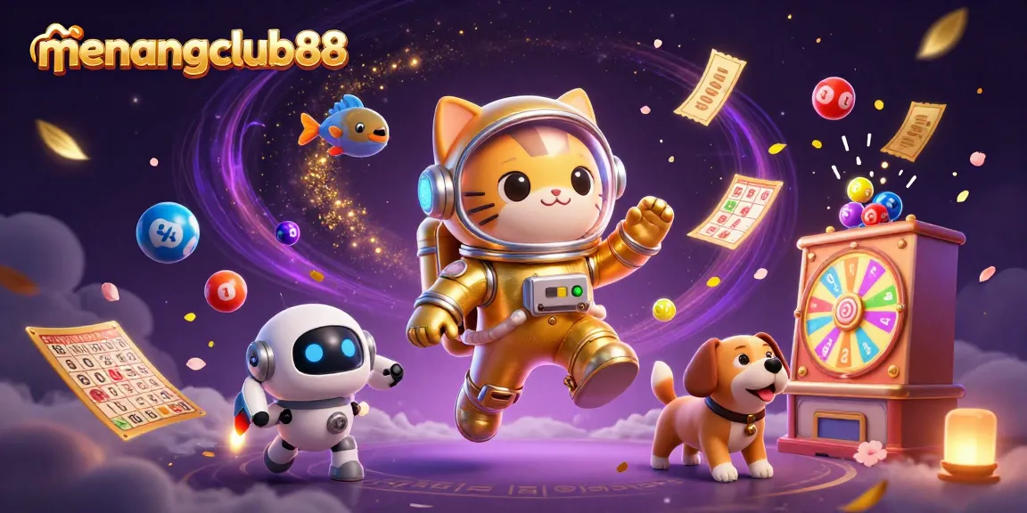 Engage with menangclub88, best lottery excitement revealed in a vibrant, colorful casino-themed scene.