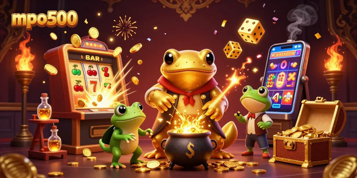 Engage with mpo500's exciting features amidst a scene of gold coins and vibrant casino elements.