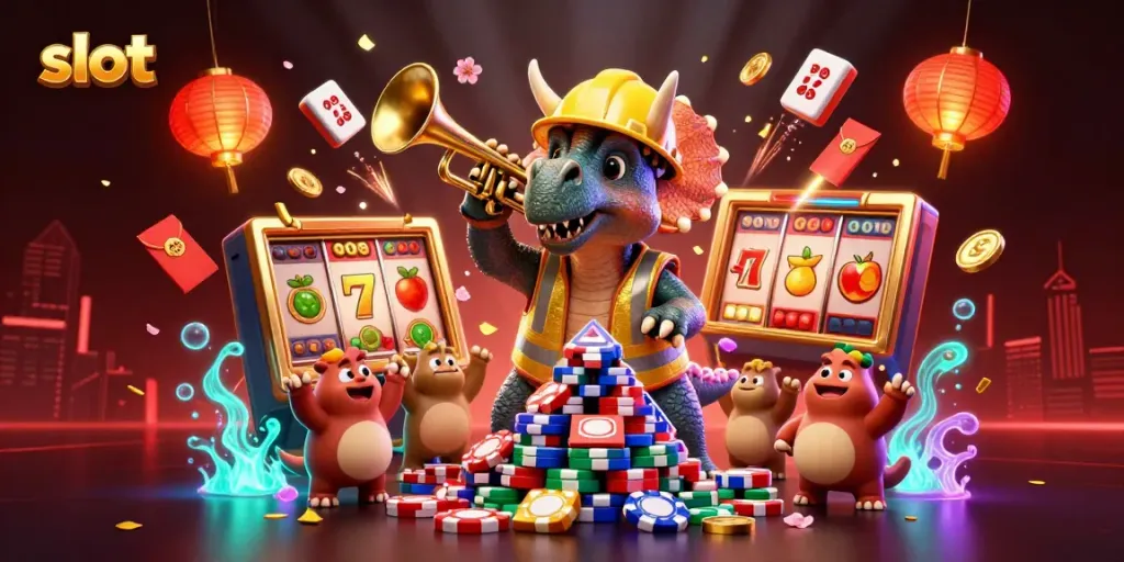 Menggairahkan pengalaman slot dengan triceratops yang membangun piramida chip poker dikelilingi elemen keberuntungan.