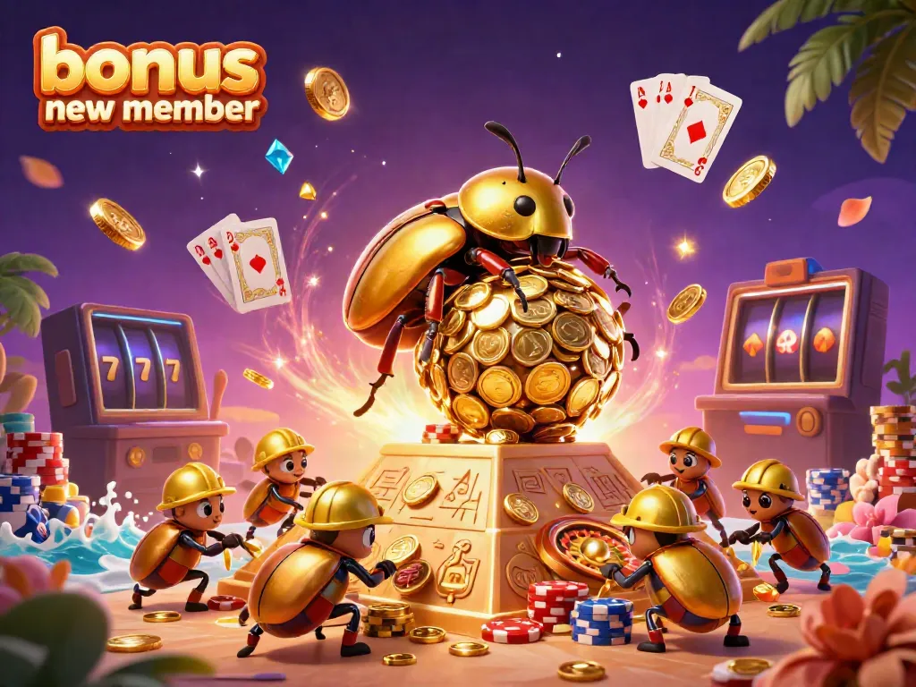 Experience the thrill of the bonus new member offer with an extravagant casino scene featuring golden dung beetles.