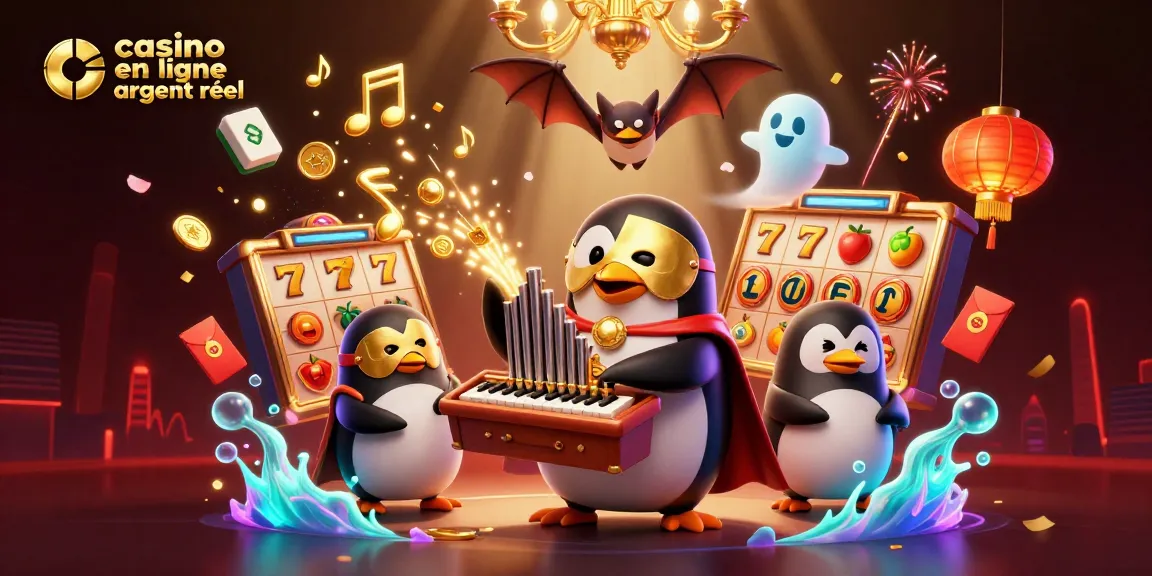 La scène captivante d'un casino en ligne argent réel avec un pingouin jouant de l'orgue, entouré de symboles de machines à sous.
