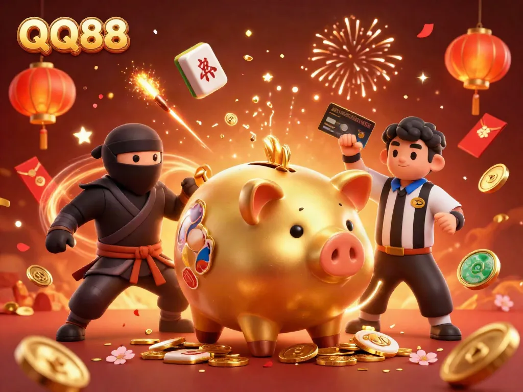 Experience the excitement of QQ88 through this vibrant illustration, depicting a golden piggy bank sumo wrestler and a ninja.