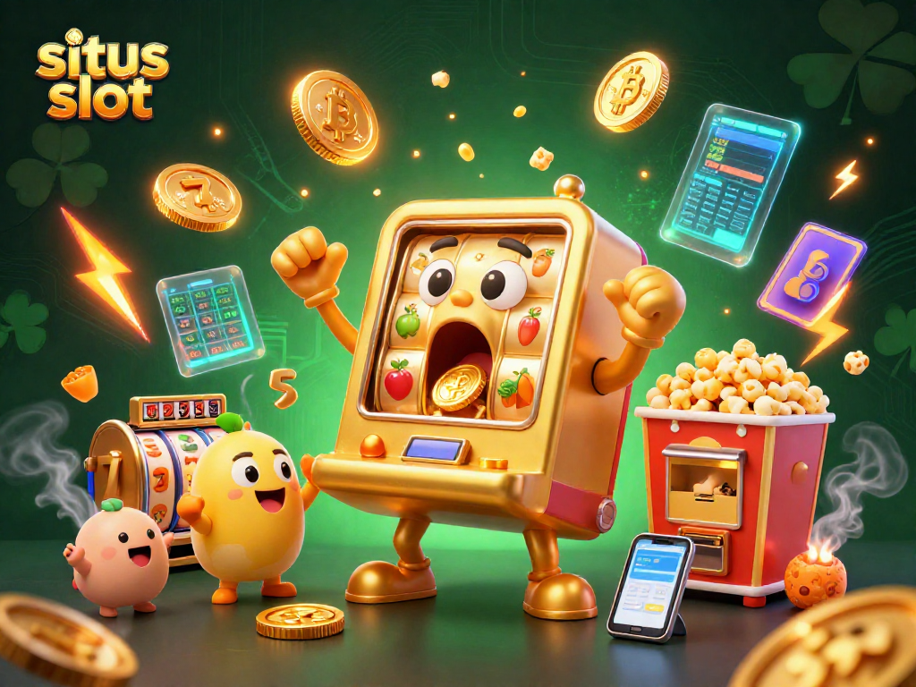 Experience excitement as the situs slot machine wins big with vibrant 3D visuals and cryptocurrency elements.