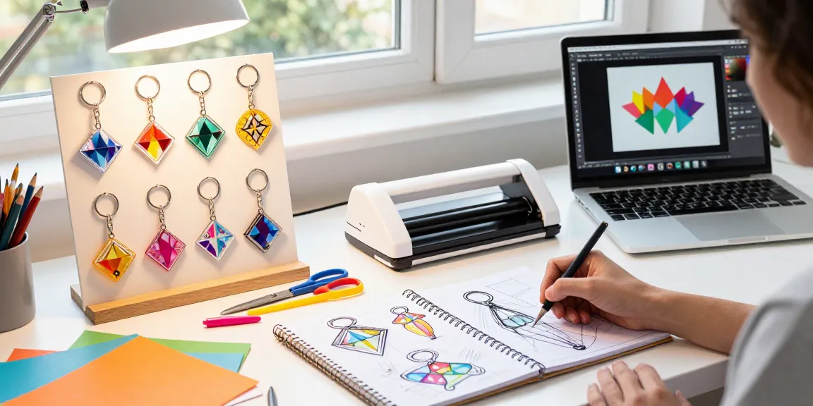 Custom Acrylic Diamond Keychain showcase in a vibrant workspace with design tools and inspirations.
