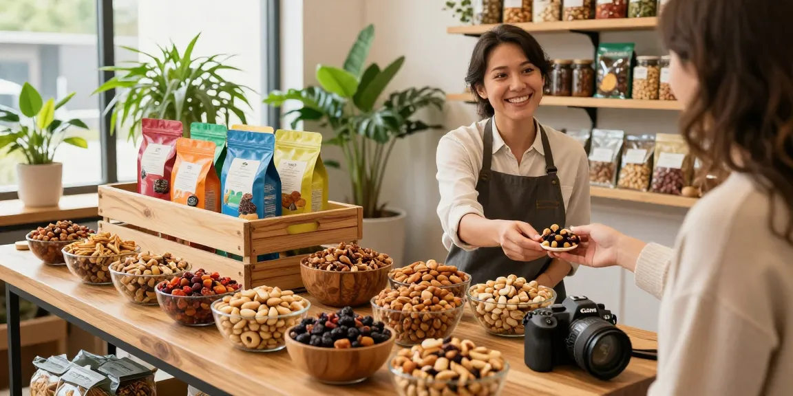 Experience M98 สล็อตเว็บตรงไม่ผ่านเอเย่นต์ with a variety of fresh nuts and dried fruits displayed in a vibrant e-commerce shop setting.