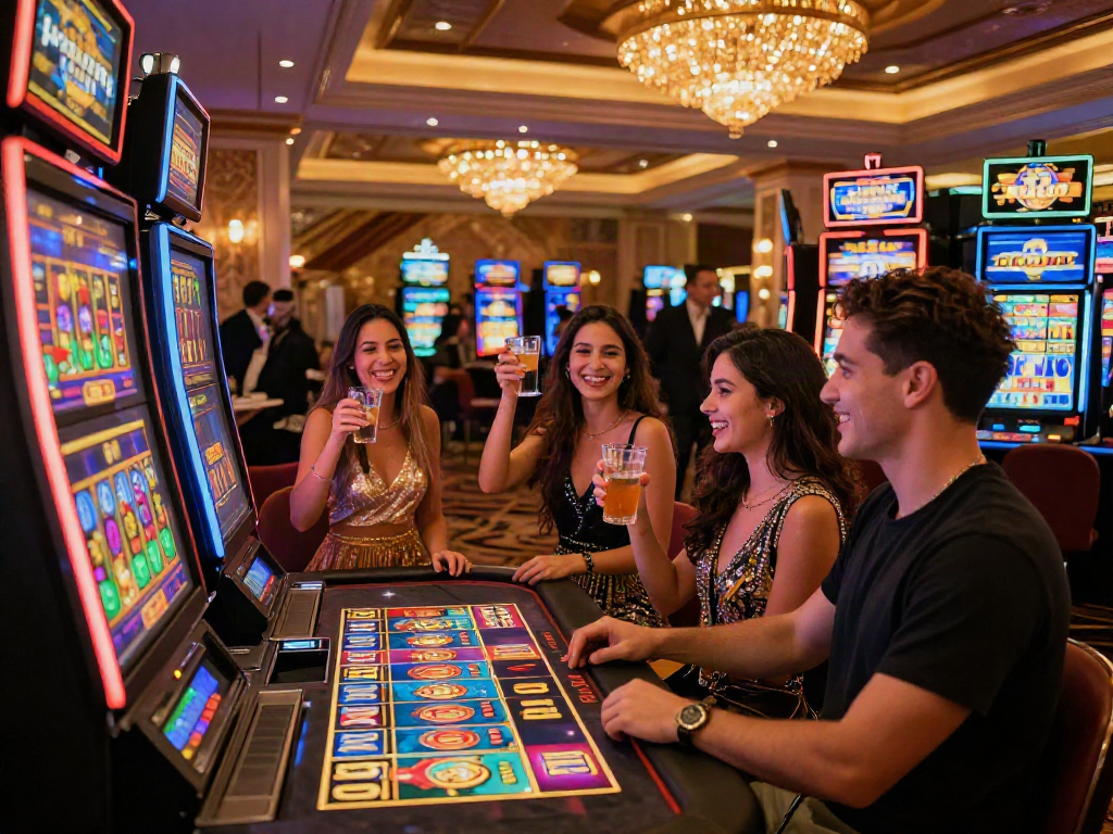 Exciting casino experience at night featuring friends playing slot depo 5k games.