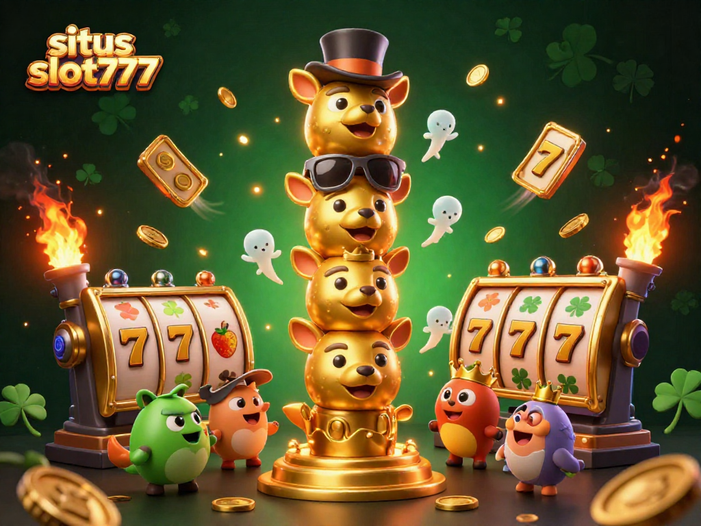 Situs slot777 showcases a captivating 3D cartoon illustration of a golden totem pole with lively animal faces and dynamic slot game symbols.