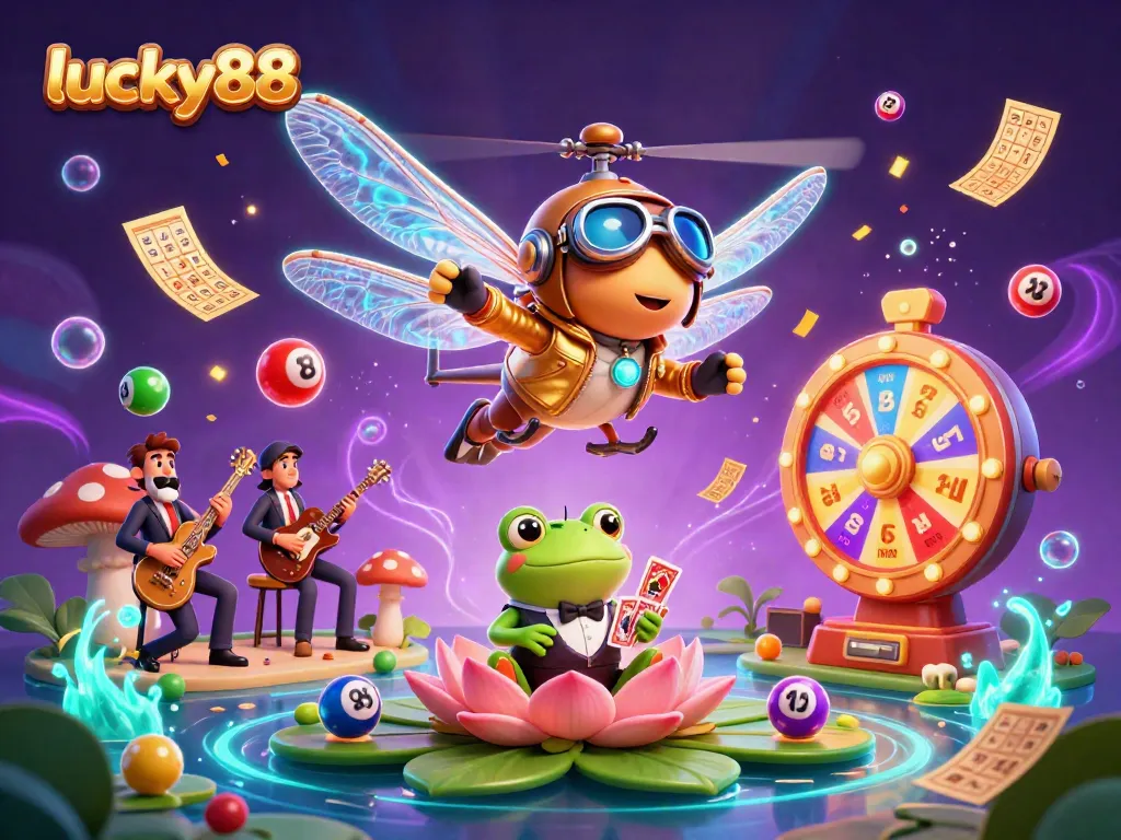 Experience the excitement of lucky88 with a vibrant 3D casino scene featuring colorful games and characters.