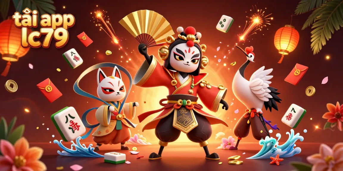 Trải nghiệm tải app lc79 qua hình ảnh 3D sống động với nhân vật và biểu tượng đánh bài.