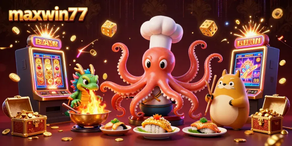 Experience high stakes with maxwin77 in a vibrant casino scene featuring cartoon octopus and dragon.