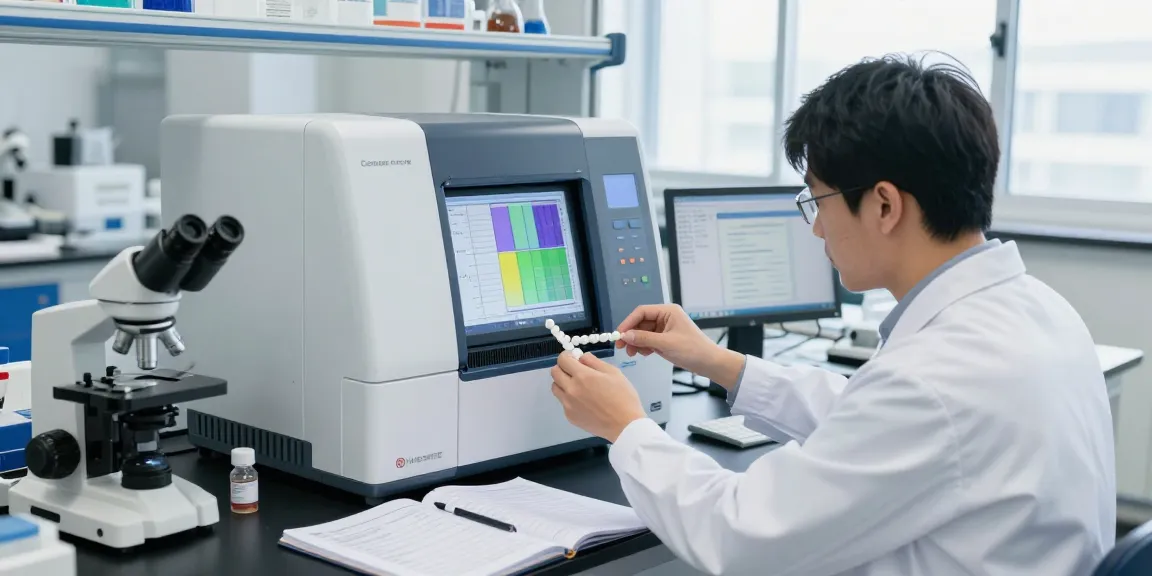 Researcher analyzing GHK-Cu peptide stacks in a laboratory setting, showcasing advanced HPLC equipment and precision.
