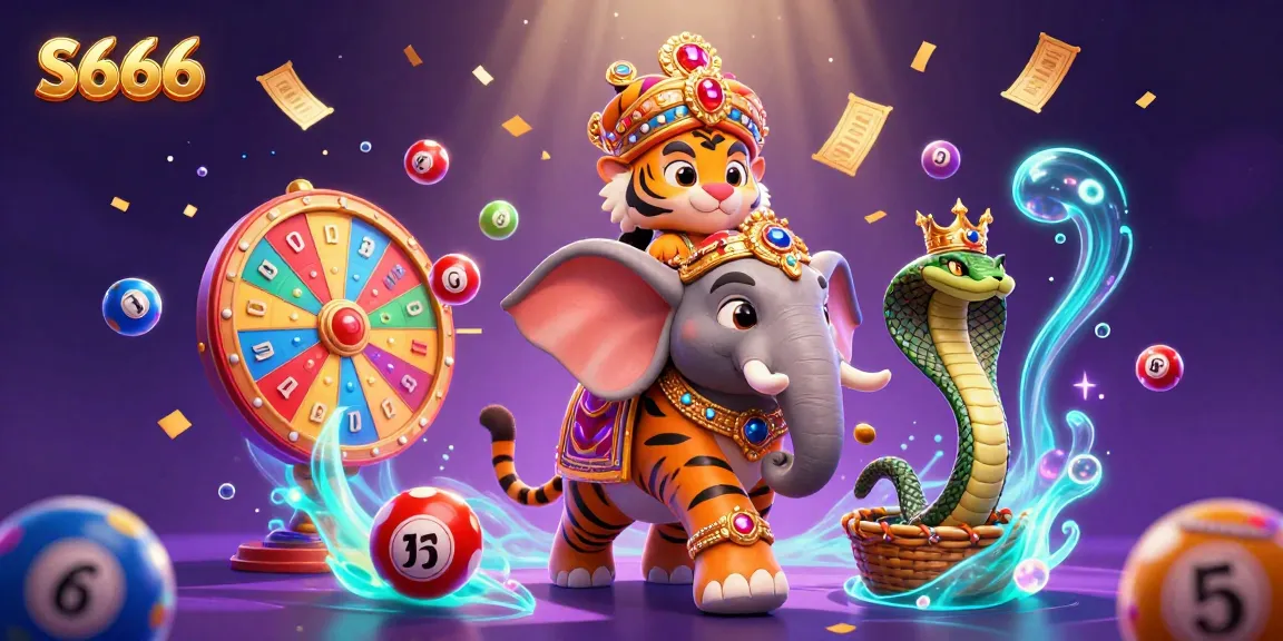 S666 players winning big amid animated colorful lottery balls and casino elements in this vibrant scene.