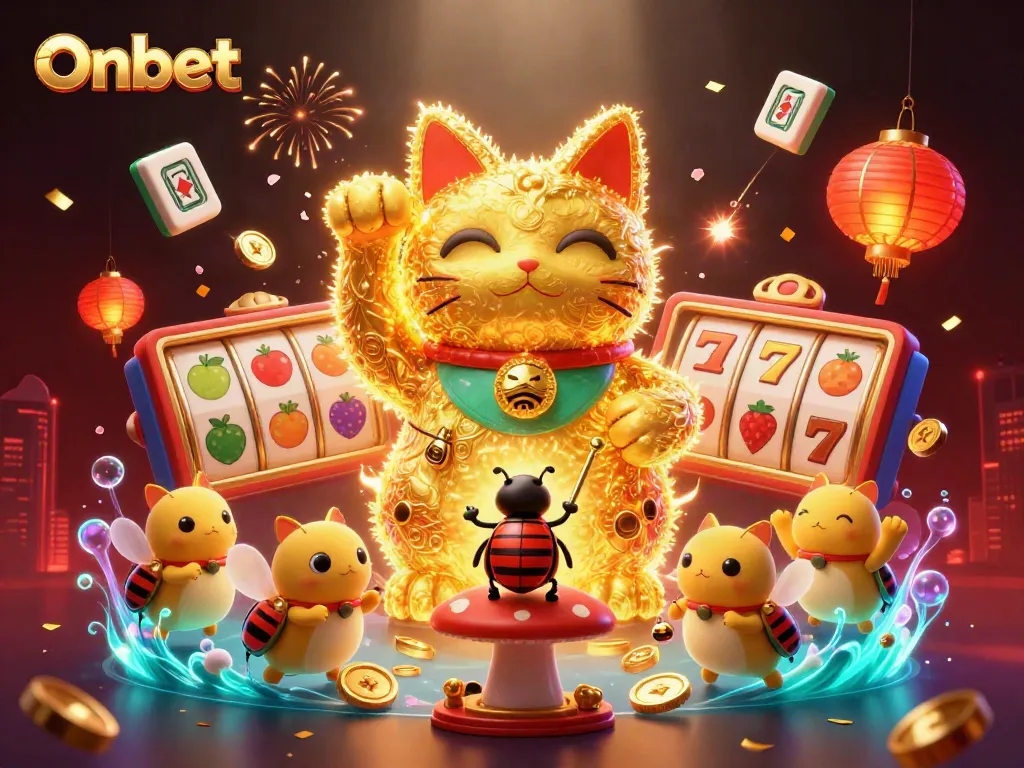 Engage with Onbet's vibrant 3D gaming world featuring a lucky cat and dynamic casino symbols.