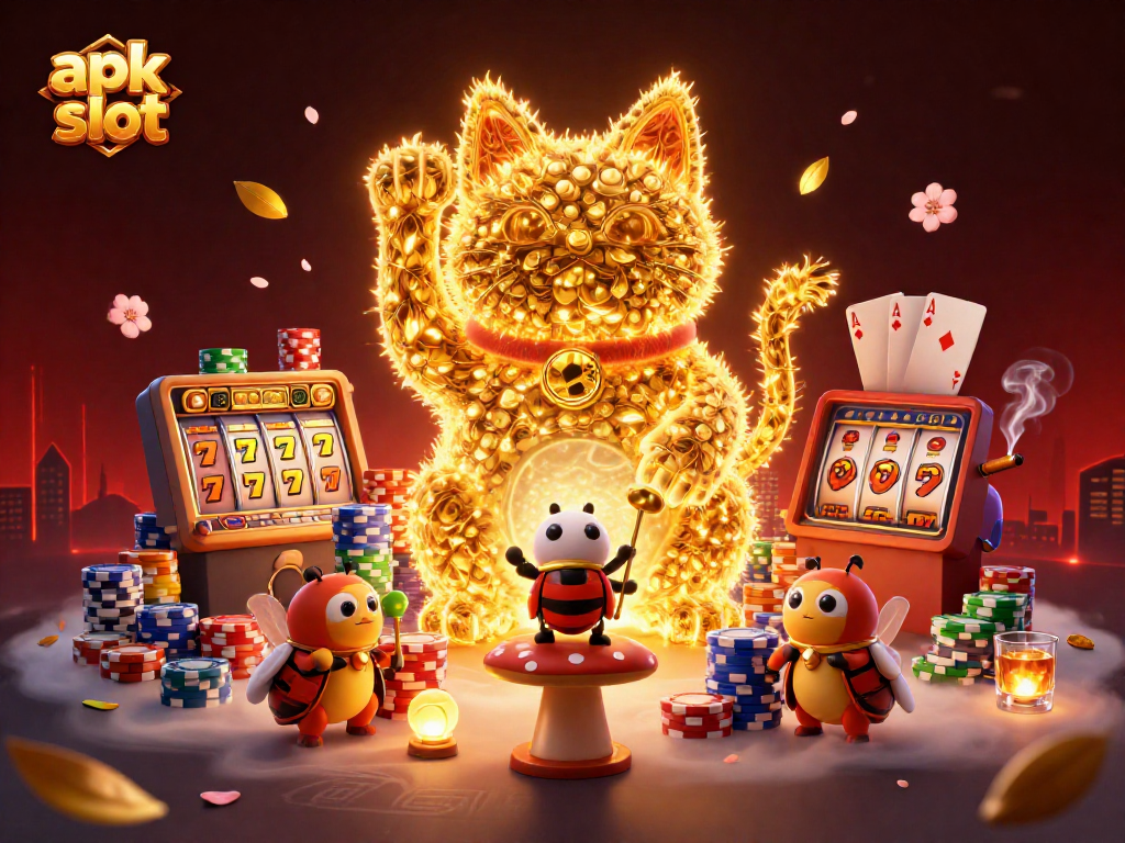 Menangkan permainan apk slot dengan simbol keberuntungan dan berbagai elemen kasino.
