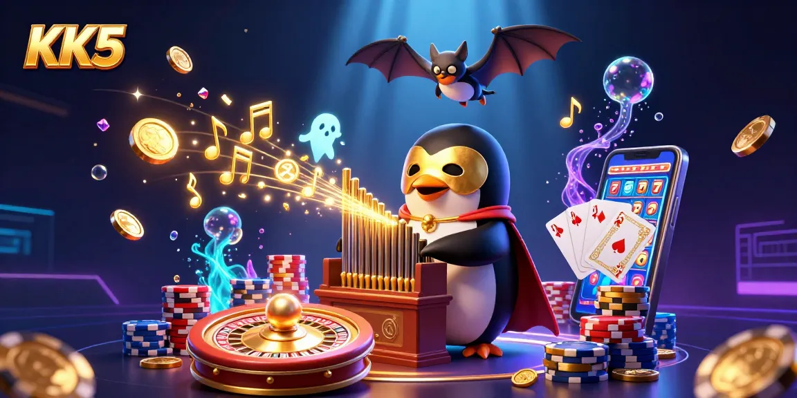Spin and win at KK5 casino with a vibrant scene of slots, coins, and gaming excitement.