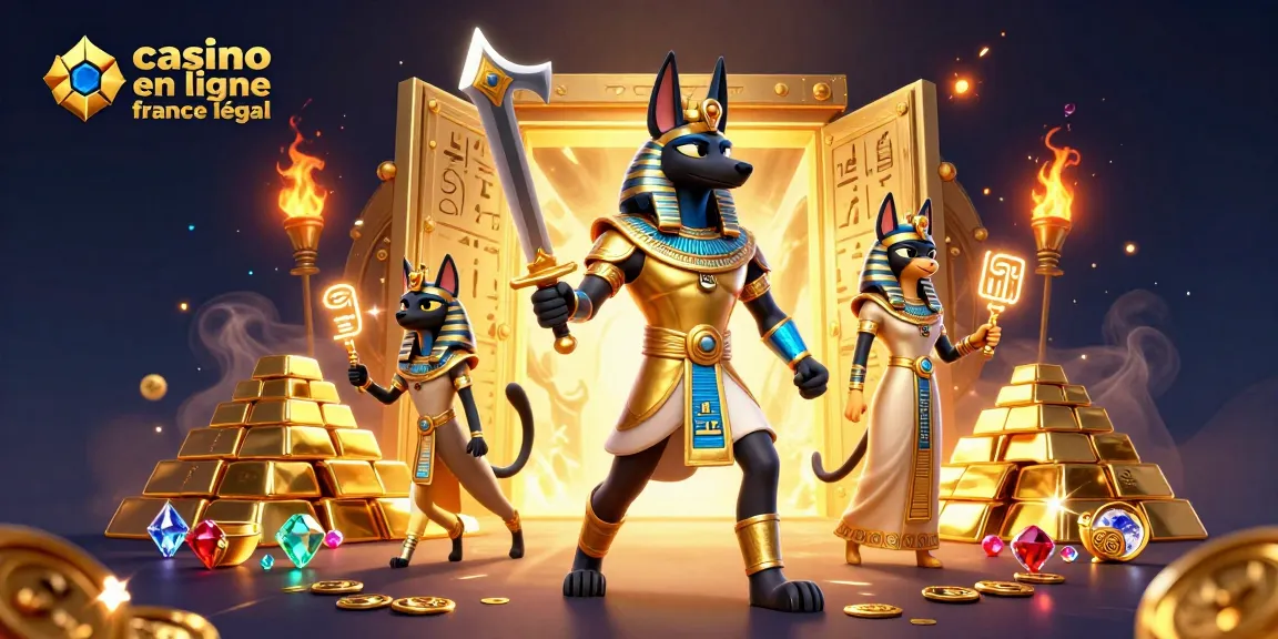 Plongez dans l'univers fascinant de casino en ligne france légal avec Anubis et Bastet entourés de trésors dorés.
