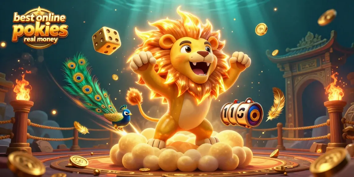 Catch the excitement of the best online pokies real money with a vibrant illustration of a sun lion surrounded by golden dice and slot reels.