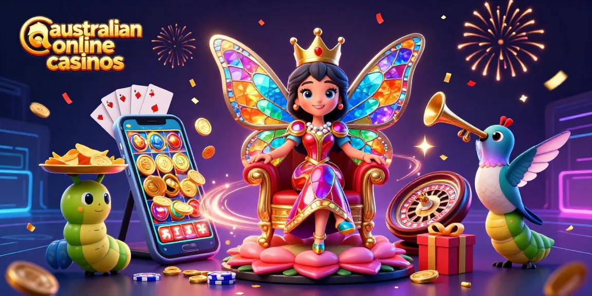 Engaging scene showcasing the magic of australian online casinos with a butterfly queen, vibrant games, and festive elements.