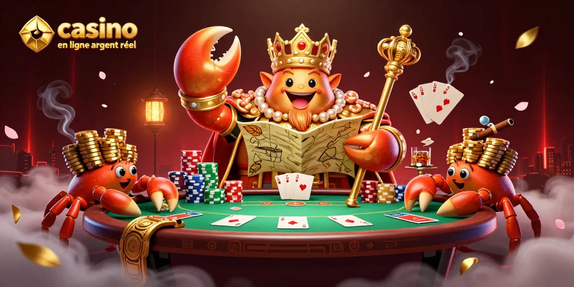 Profitez de l'expérience immersive au casino en ligne argent réel avec un crabe empereur et des éléments de poker.