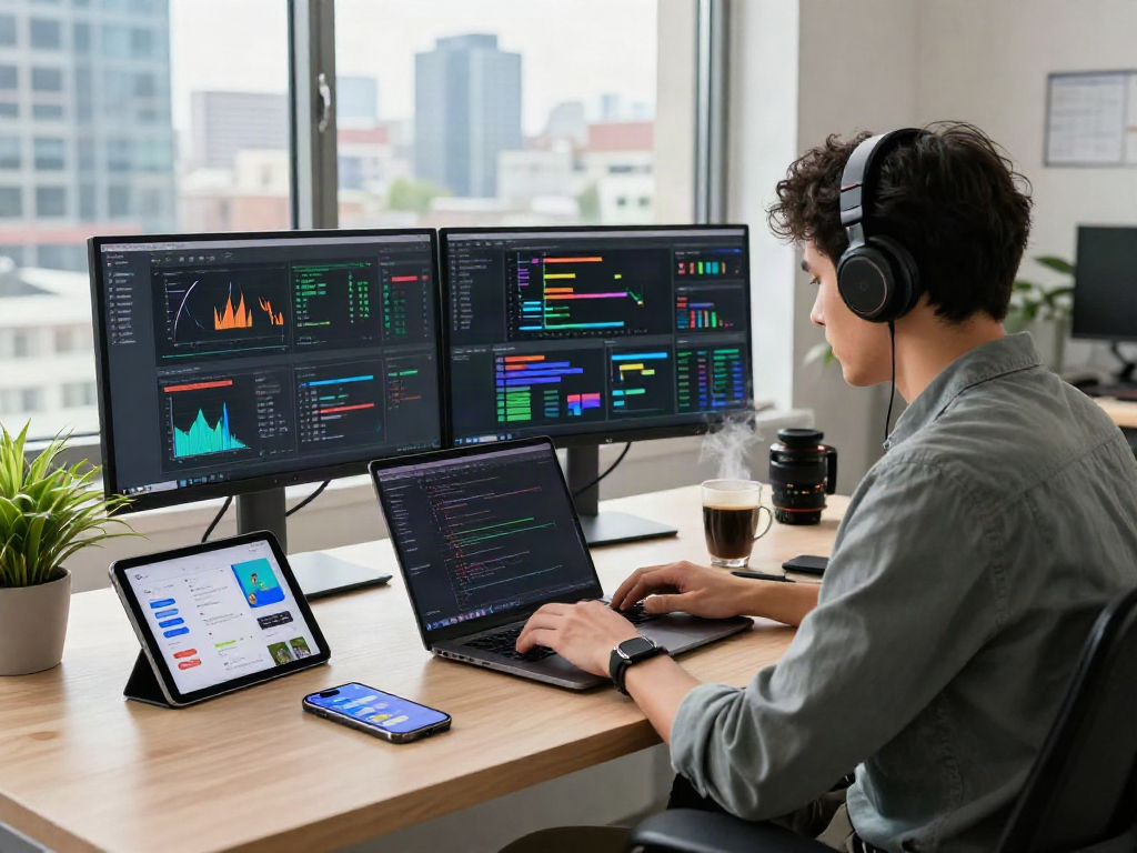 Crushon software developer coding in an innovative tech workspace with dual monitors and vibrant urban view.