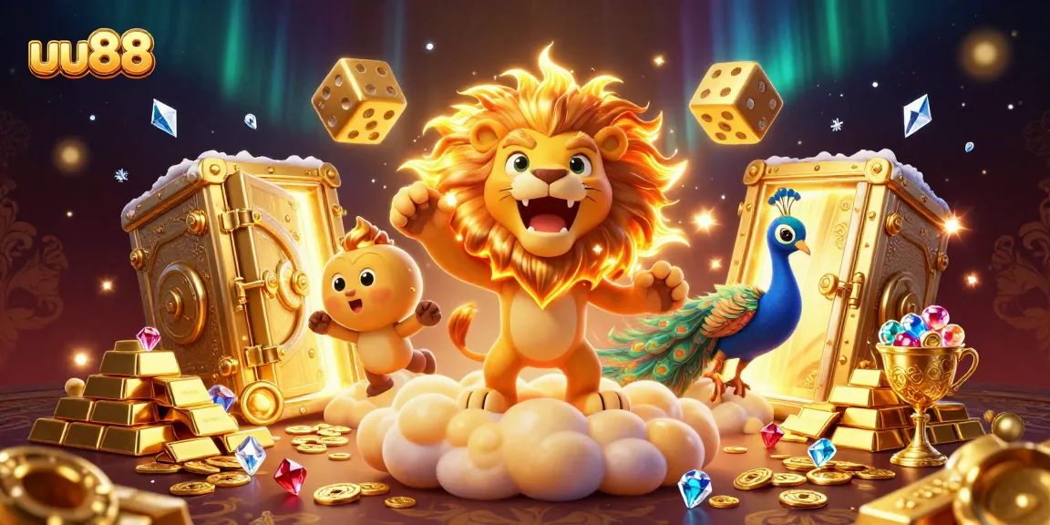 Experience thrilling wins with uu88 in this vibrant 3D casino illustration, showcasing golden gems and dynamic game elements.