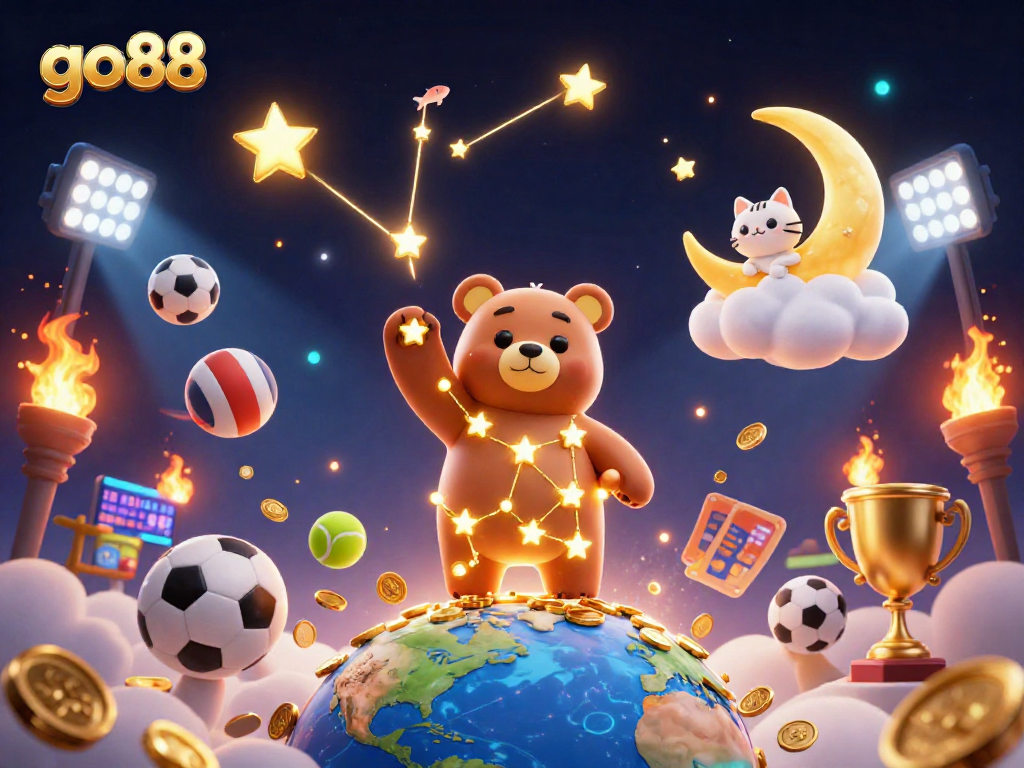 Experience exciting wins with go88 in this vibrant digital casino scene featuring gold coins and sports elements.