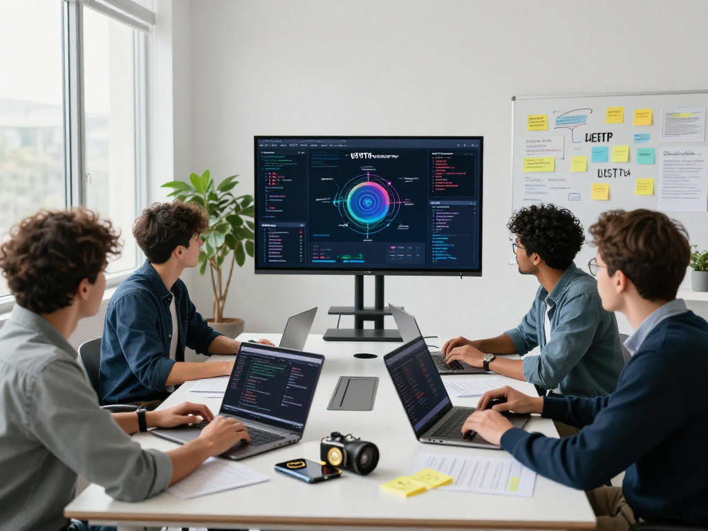 Team collaborating on USDT0 stablecoin project in a modern workspace, showcasing innovation and teamwork in blockchain finance.