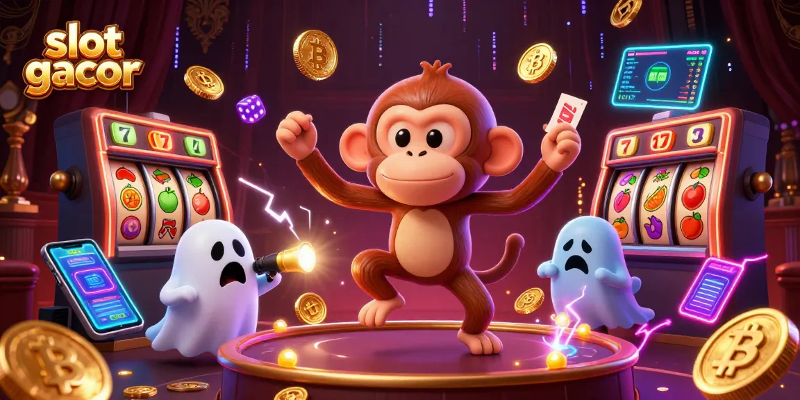 Experience slot gacor excitement with a playful monkey and ghost-hunter puppy in a vibrant casino scene.