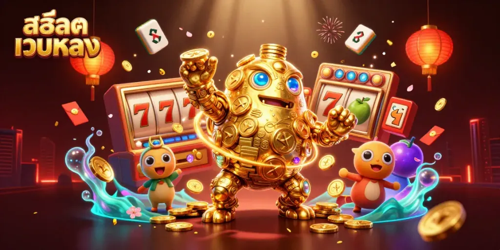 Experience the excitement of สล็อตเว็บตรง with a dynamic 3D golden golem amidst vibrant casino symbols and festive decorations.