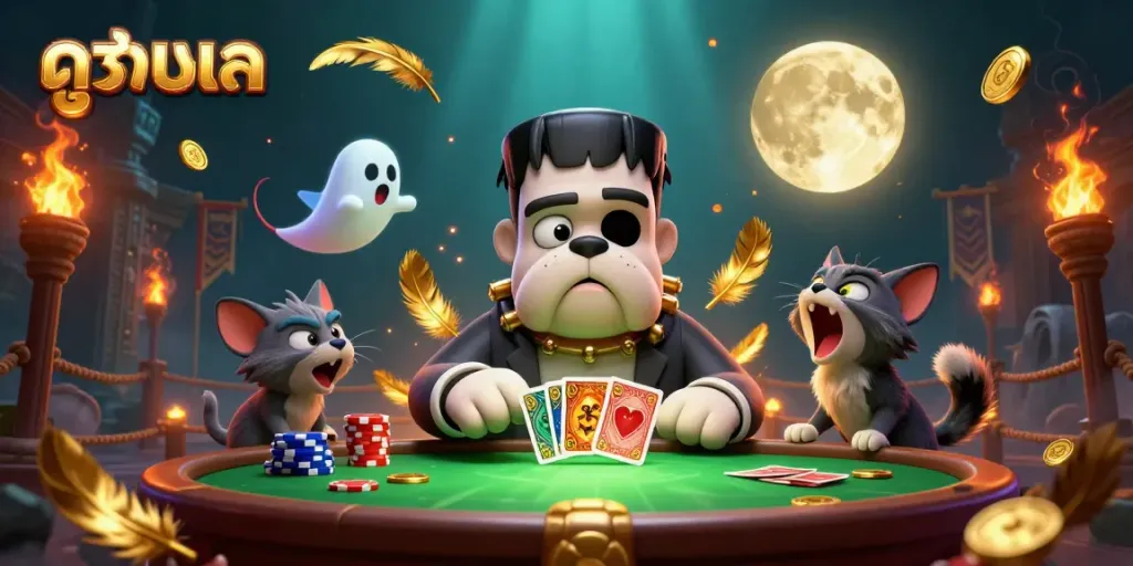 Enjoy spectacular ดูบอลสด action with a dynamic scene featuring classic casino creatures battling at a spooky table.