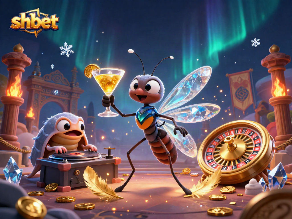 Experience exciting gameplay with shbet's dynamic casino mascot in a vibrant, illustrated scene.