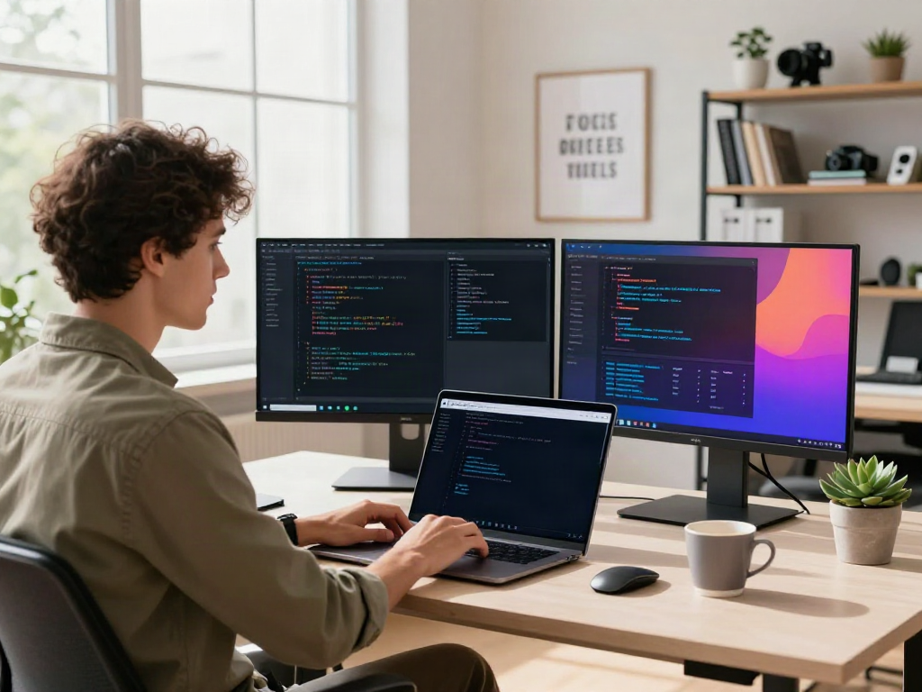 Professional workspace featuring Brave browser on laptop screen, modern design elements, vibrant tech-inspired atmosphere.