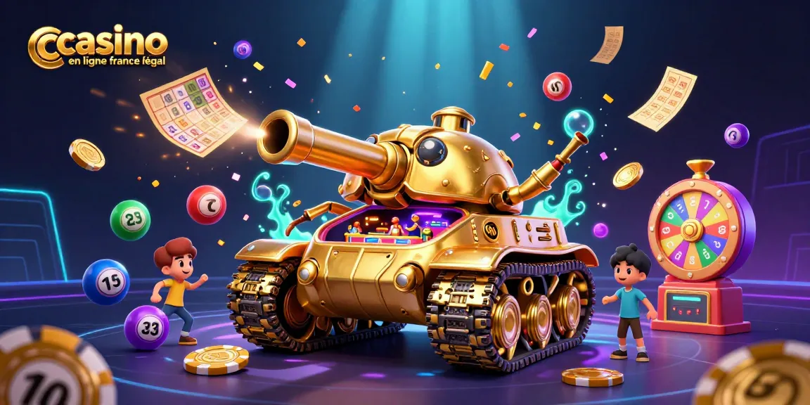 Illustration dynamique de casino en ligne France légal, avec un tank scarabée doré et des éléments de jeu colorés.