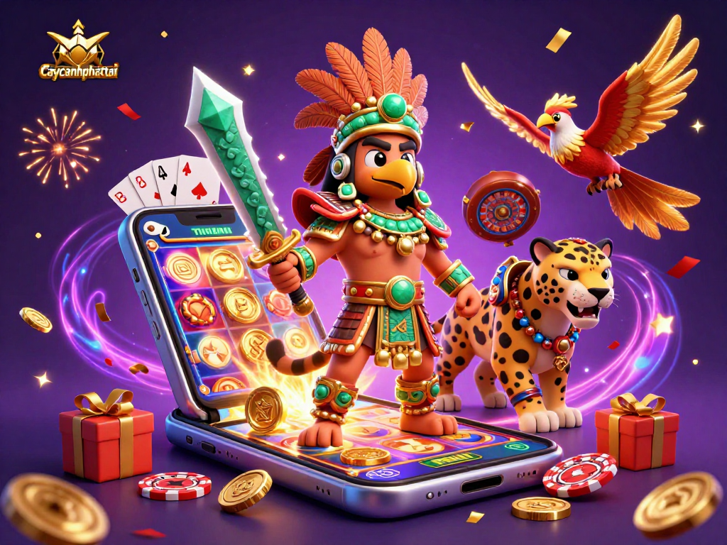 Experience thrilling wins with caycanhphattai in this vibrant casino illustration showcasing dynamic game elements.