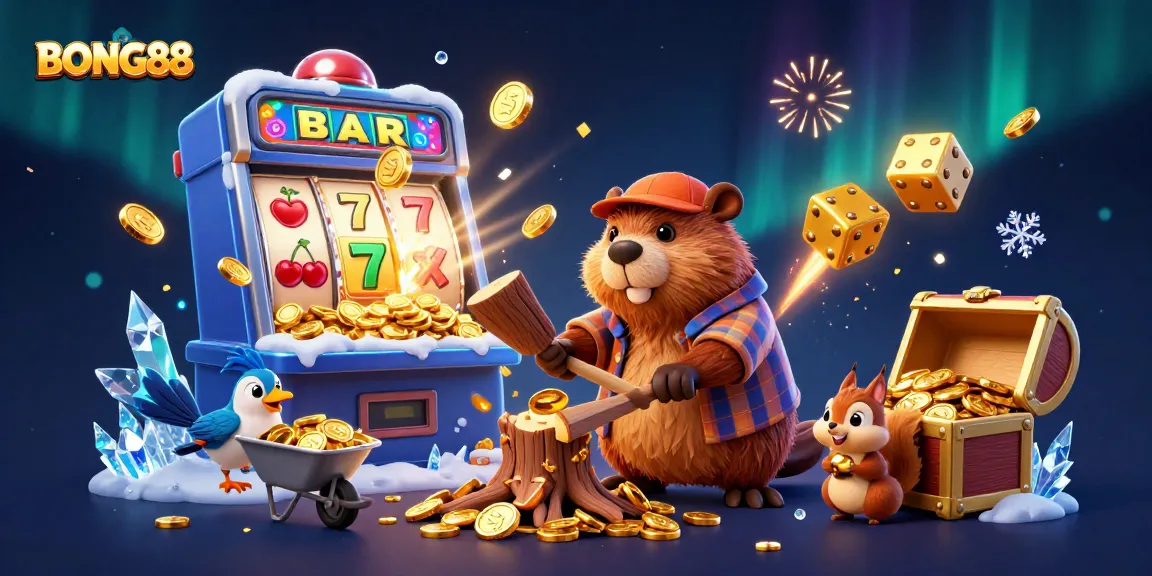 BONG88 showcases a vibrant scene with animated characters celebrating a jackpot amidst a colorful casino explosion.