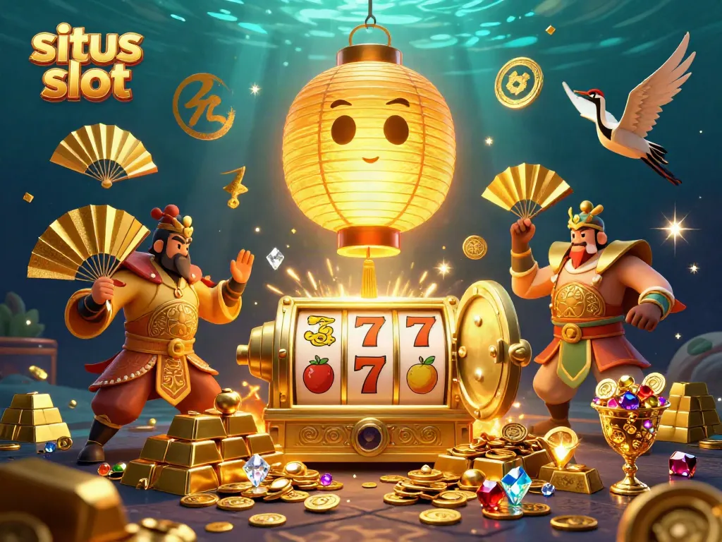 Engage in the excitement of situs slot games with vibrant symbols and golden treasures in a dynamic casino atmosphere.