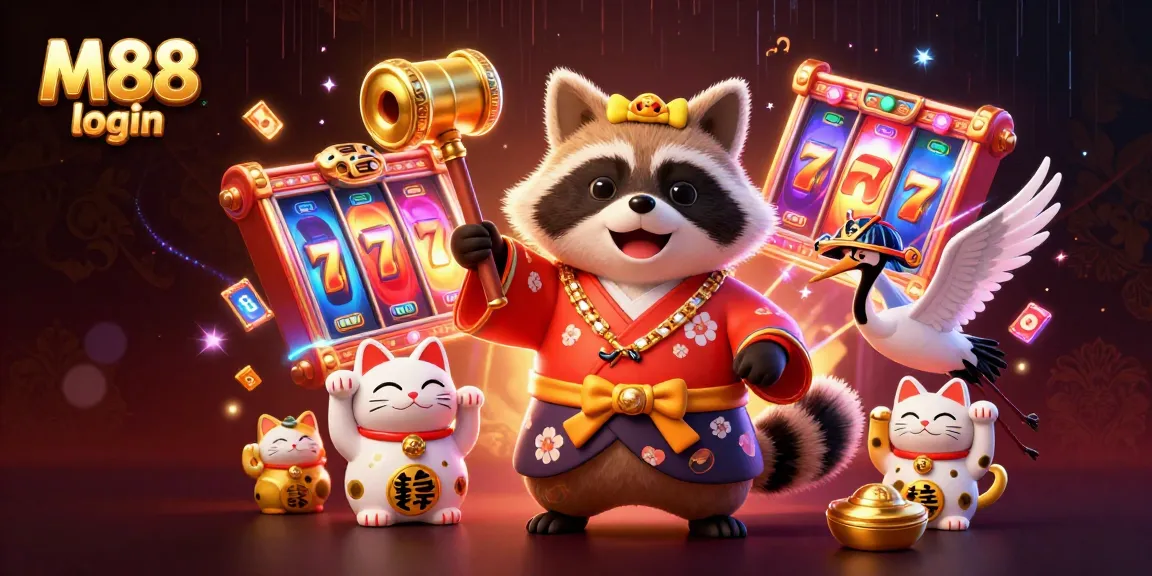 Experience M88 login with a vibrant scene of tanuki and festive gaming elements in an online casino.