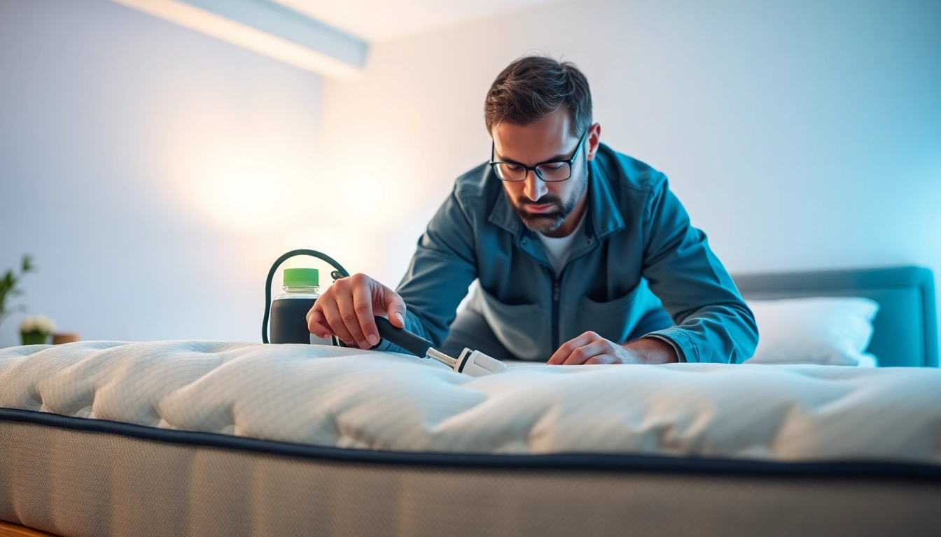 Effective bed bug removal process with a technician inspecting a mattress in a clean room.