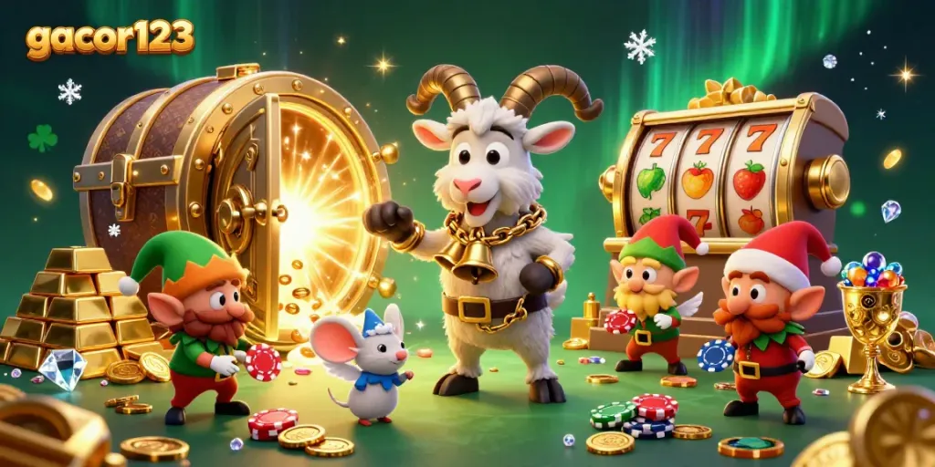 Experience the thrill at gacor123 with festive characters in a vibrant casino scene.