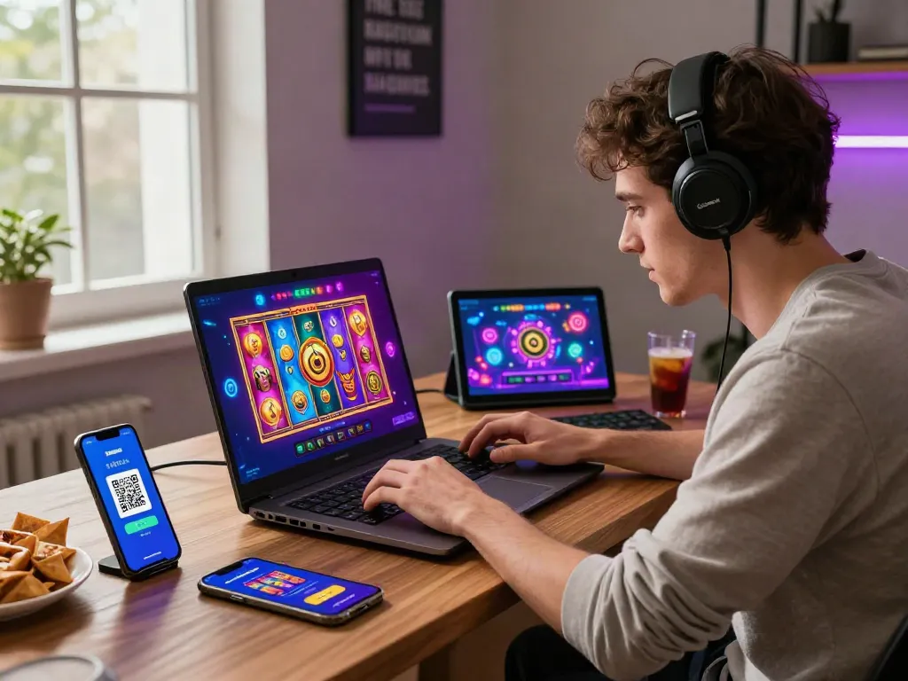 Engaging scene of a slot online gacor enthusiast focused on laptop gameplay, showcasing exciting slot graphics and QRIS payment method.