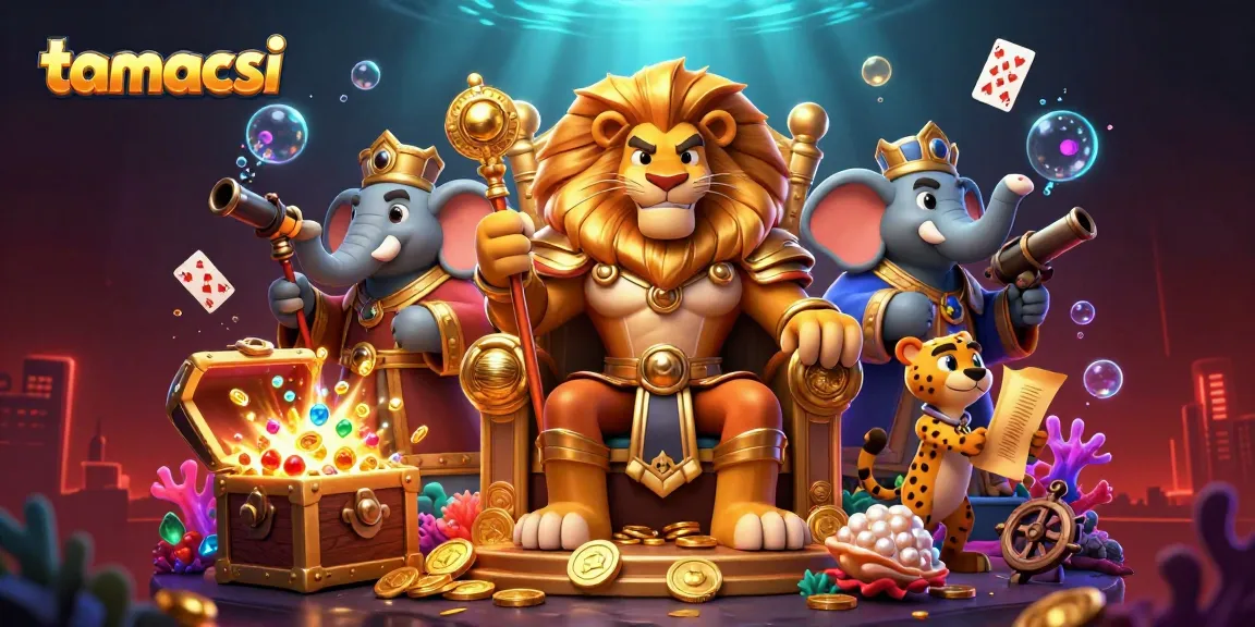 Play on tamacsi with a vibrant underwater casino scene showcasing dynamic characters and gold riches.