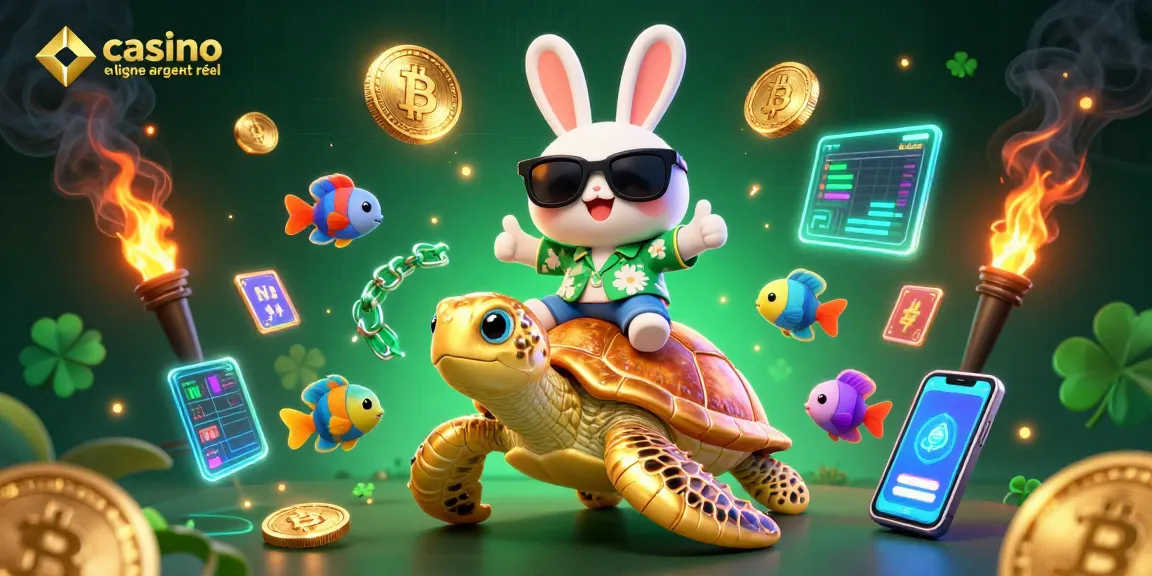 Découvrez le meilleur casino en ligne argent réel avec un lapin chanceux sur une tortue d'or.