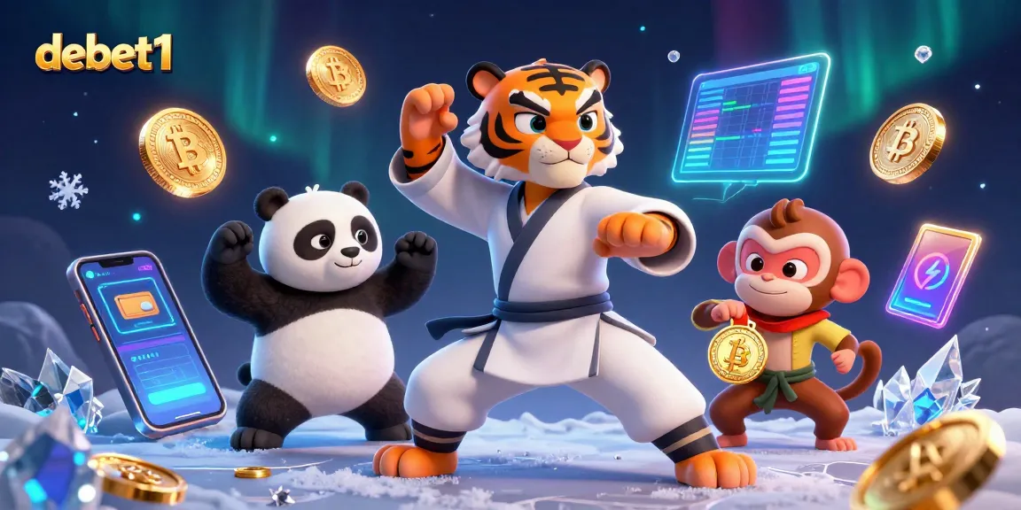 Engage with debet1 in thrilling gaming with a 3D illustration of a kung fu tiger master amid vibrant casino elements.