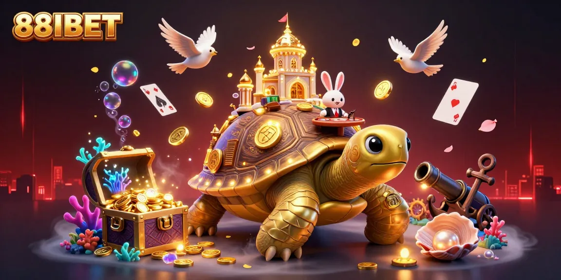 Engage in thrilling gaming at 88IBET with a dynamic 3D illustration featuring a tortoise casino and dealer excitement.