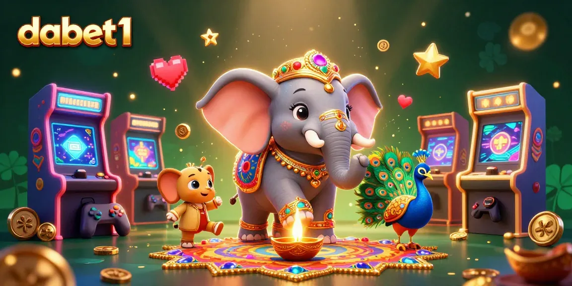 Experience dabet1's vibrant casino fun with a Diwali-themed elephant amidst dynamic gaming elements.