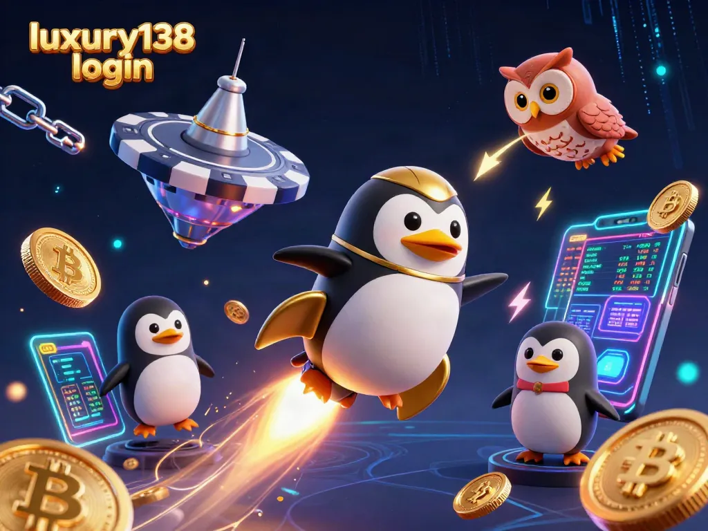 Masuk ke luxury138 login dengan penguin emas bertenaga roket dalam pemandangan luar angkasa yang megah.