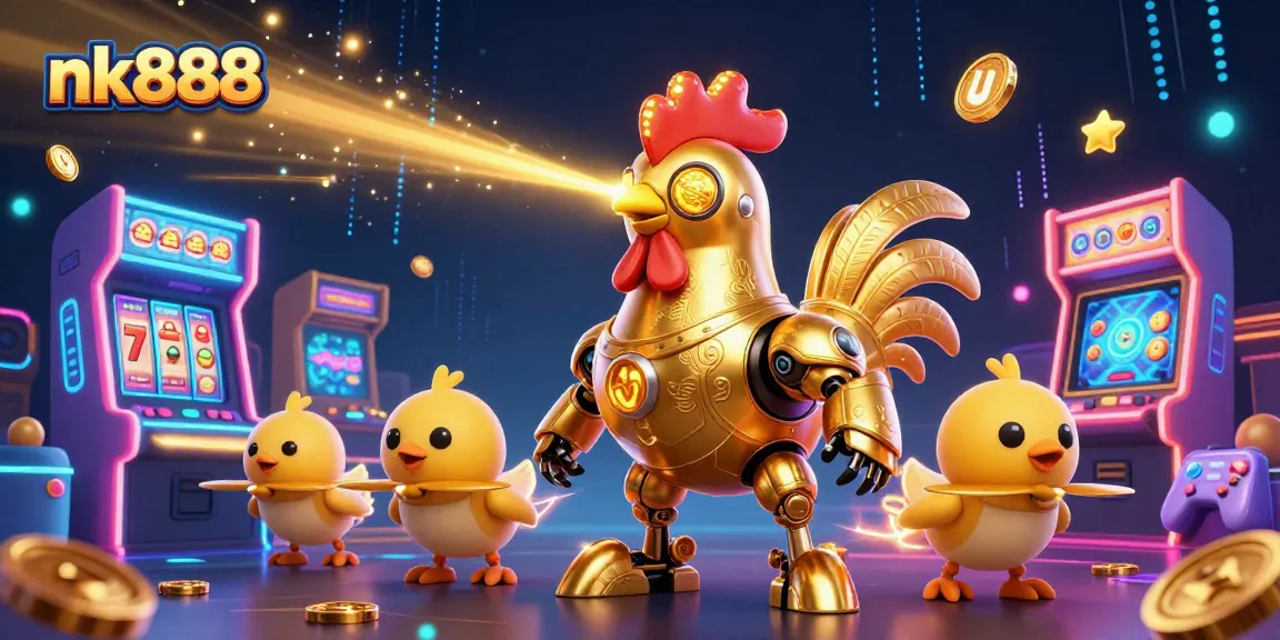 Play exciting games at nk888 while enjoying a vibrant casino atmosphere with a golden rooster robot.