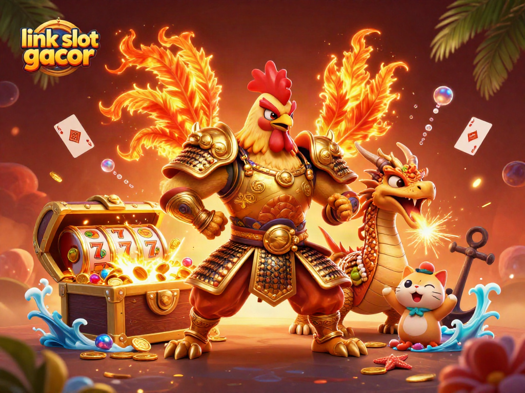 Experience the thrill of link slot gacor with a powerful rooster warrior and dynamic casino elements.